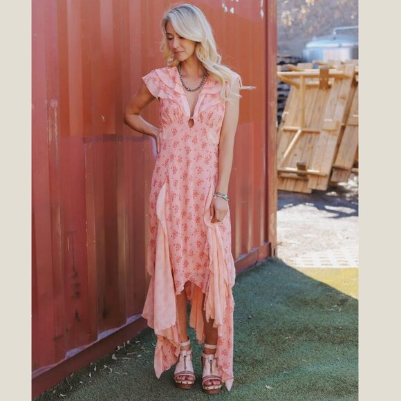 Free People | Joaquin Dress Peach Combo Floral Ruffle Godet Midi Dress Size S - Picture 3 of 15